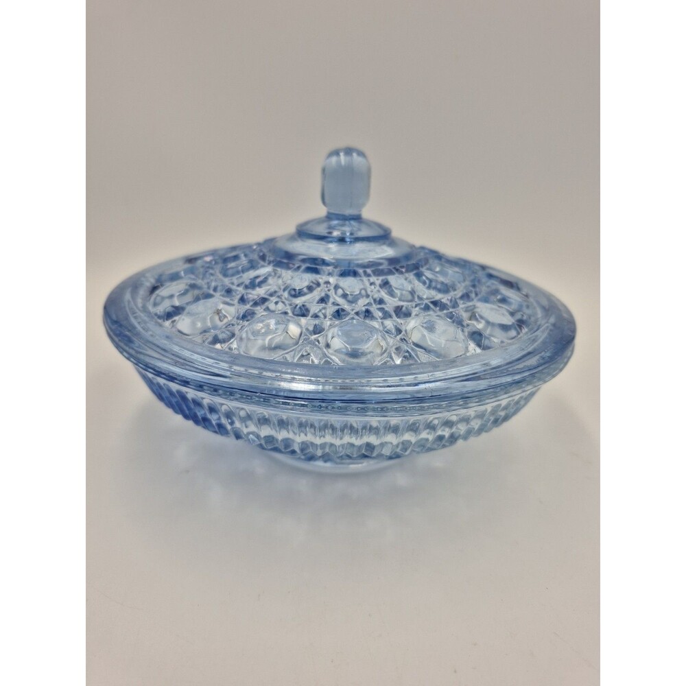 VTG Indiana Glass Windsor Button & Cane Light Blue  Candy Dish Bowl Lid
